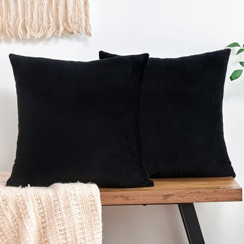 GriNeed Throw Pillow Covers Decorative Velvet Set of 2 18x18 Inch Pillow Covers, Soft Black Pillowcases for Couch Sofa Bed Living Room, Farmhouse Home Boho Decor, Square Accent Cushion Covers - Image 1
