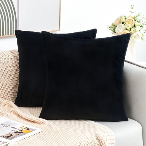 GriNeed Throw Pillow Covers Decorative Velvet Set of 2 18x18 Inch Pillow Covers, Soft Black Pillowcases for Couch Sofa Bed Living Room, Farmhouse Home Boho Decor, Square Accent Cushion Covers - Image 2