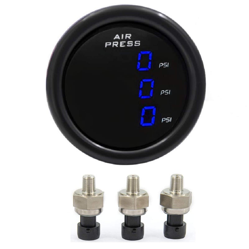 ZHSYMX LCD Three Pressure Air Pressure Gauge 290 PSI Air Pressure Gauge Kitfor Air Ride Suspension Systems 2Inch 0290PSI with 3Pcs 18NPT Sensors and 165ft Sensor Cable LCD Blue