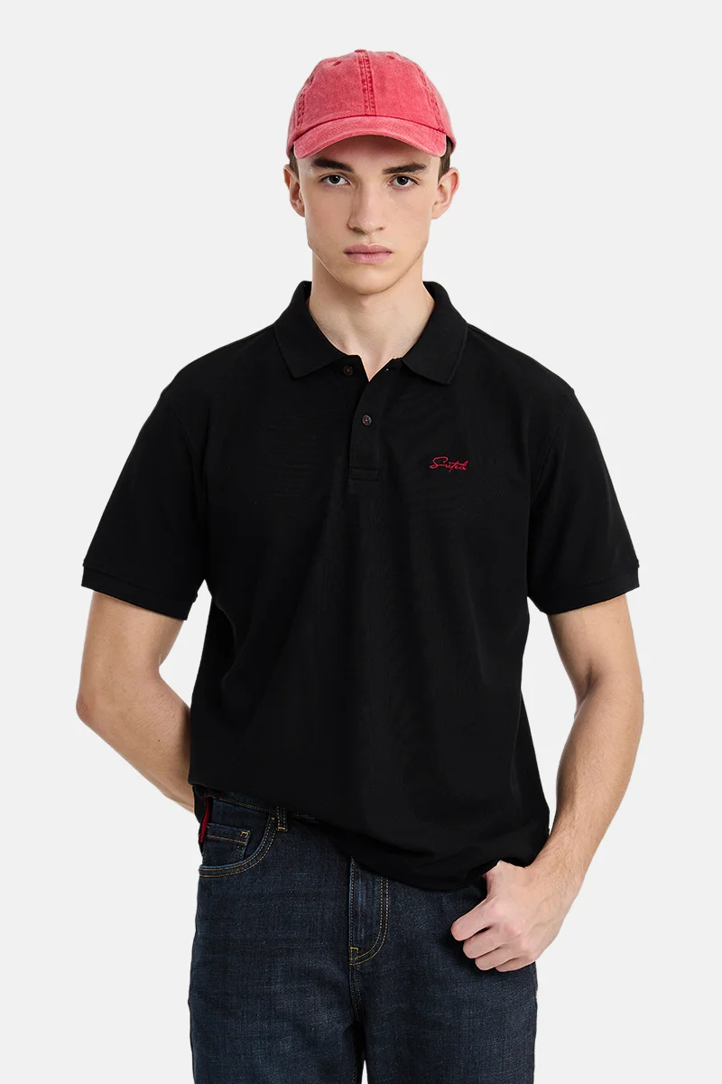 سنيتش Black Solid Half Sleeve Regular Fit Casual T-Shirt