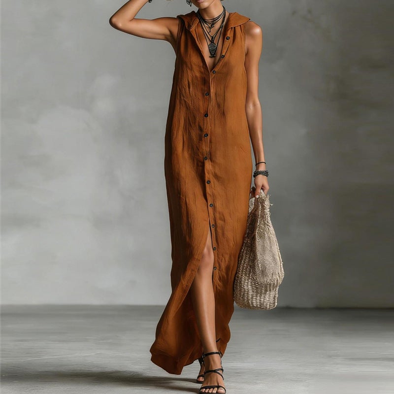Independent Website 2026 Summer New Style Buttoned Dress Sleeveless Hooded Long Dress Women'S Clothing - Image 4