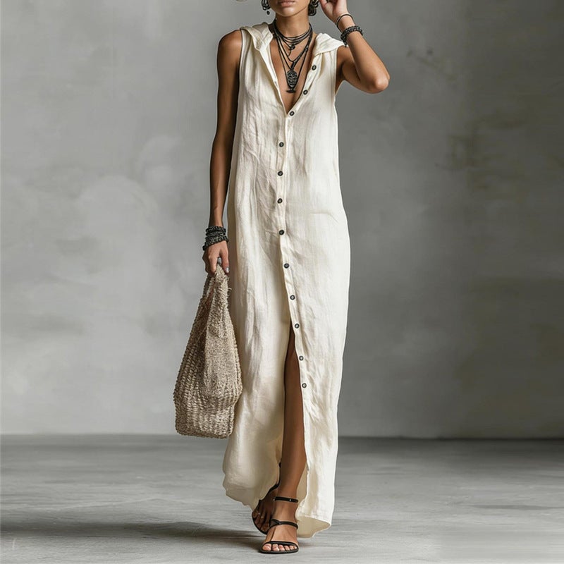 Independent Website 2026 Summer New Style Buttoned Dress Sleeveless Hooded Long Dress Women'S Clothing - Image 2