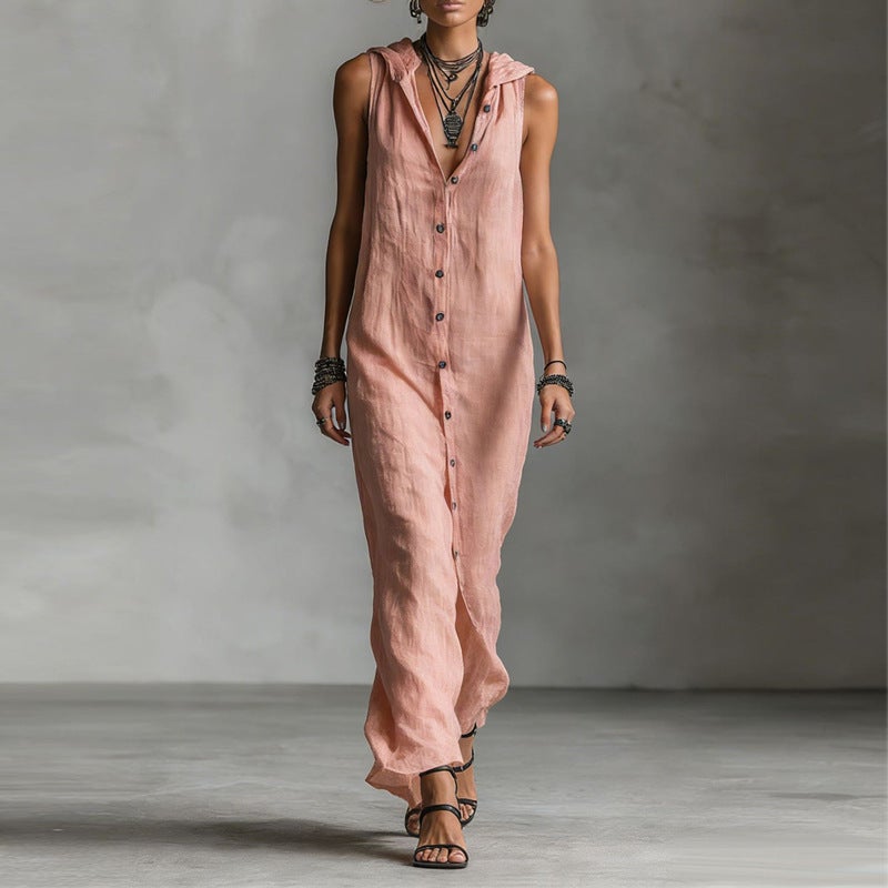 Independent Website 2026 Summer New Style Buttoned Dress Sleeveless Hooded Long Dress Women'S Clothing - Image 1