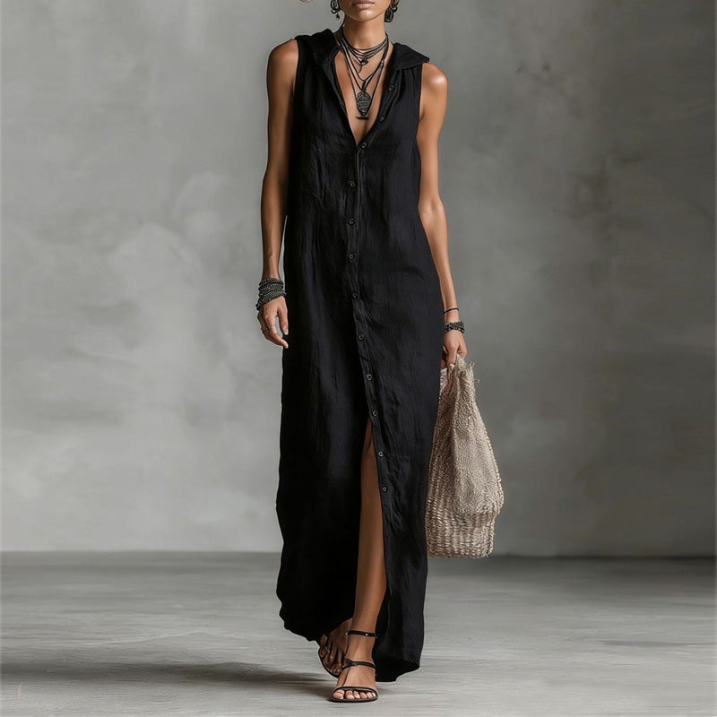 Independent Website 2026 Summer New Style Buttoned Dress Sleeveless Hooded Long Dress Women'S Clothing - Image 5