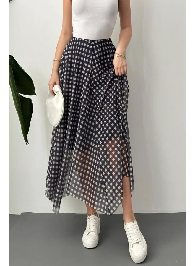END BLACK Navy Check Pattern Tulle Skirt L Navy.