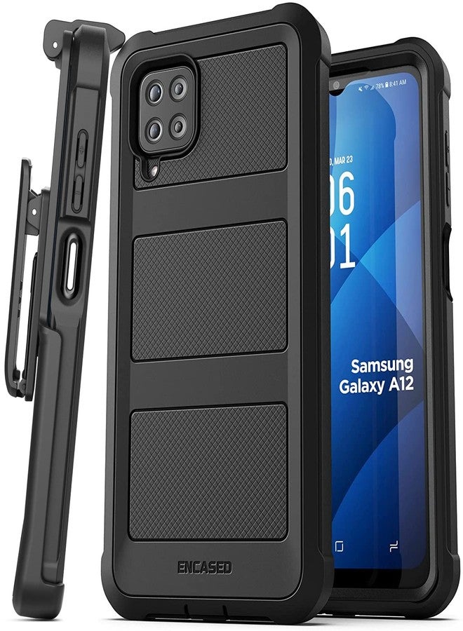 Encased Falcon Designed for Samsung Galaxy A12 Belt Clip Case, Full Body Protective Phone Case with Holster (Black) - Image 1