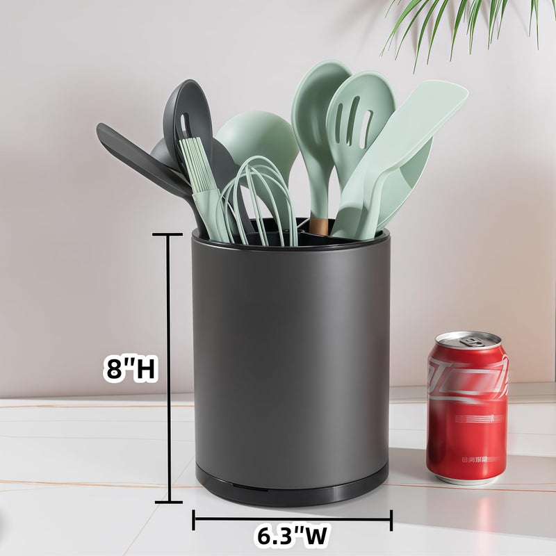 LIBODOUR Kitchen Utensil Holder Extra Large 360Â°Rotating For Counter Organizer Stainless Steel Storage Cooking Silverware Caddy 3 Compartment Flatware Spoon Spatula Tool Cutlery Container(Grey) - Image 4