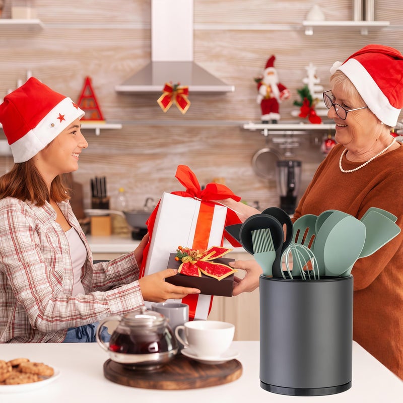 LIBODOUR Kitchen Utensil Holder Extra Large 360Â°Rotating For Counter Organizer Stainless Steel Storage Cooking Silverware Caddy 3 Compartment Flatware Spoon Spatula Tool Cutlery Container(Grey) - Image 2