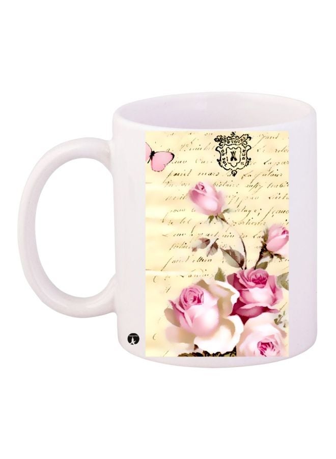RYN Roses Printed Coffee Mug White/Beige/Pink 11ounce