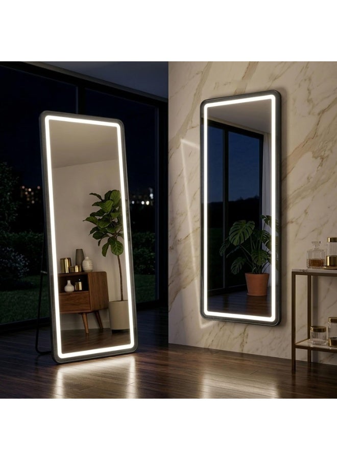 ديكور هيلز مرآة ديكورهيلز LED بطول كامل 170 × 70 سم، إطار من سبائك الألومنيوم، مرآة تزيين أرضية أو مثبتة على الحائط مع تحكم باللمس، 3 أوضاع إضاءة ملونة، إضاءة LED قابلة للتعتيم، أسود - Image 1