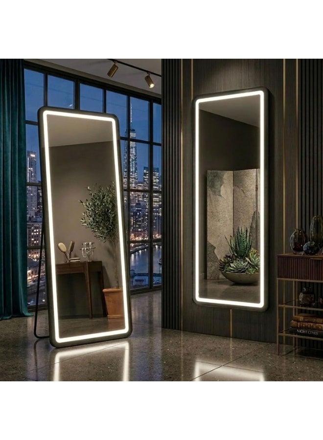 ديكور هيلز مرآة ديكورهيلز LED بطول كامل 170 × 70 سم، إطار من سبائك الألومنيوم، مرآة تزيين أرضية أو مثبتة على الحائط مع تحكم باللمس، 3 أوضاع إضاءة ملونة، إضاءة LED قابلة للتعتيم، أسود - Image 3