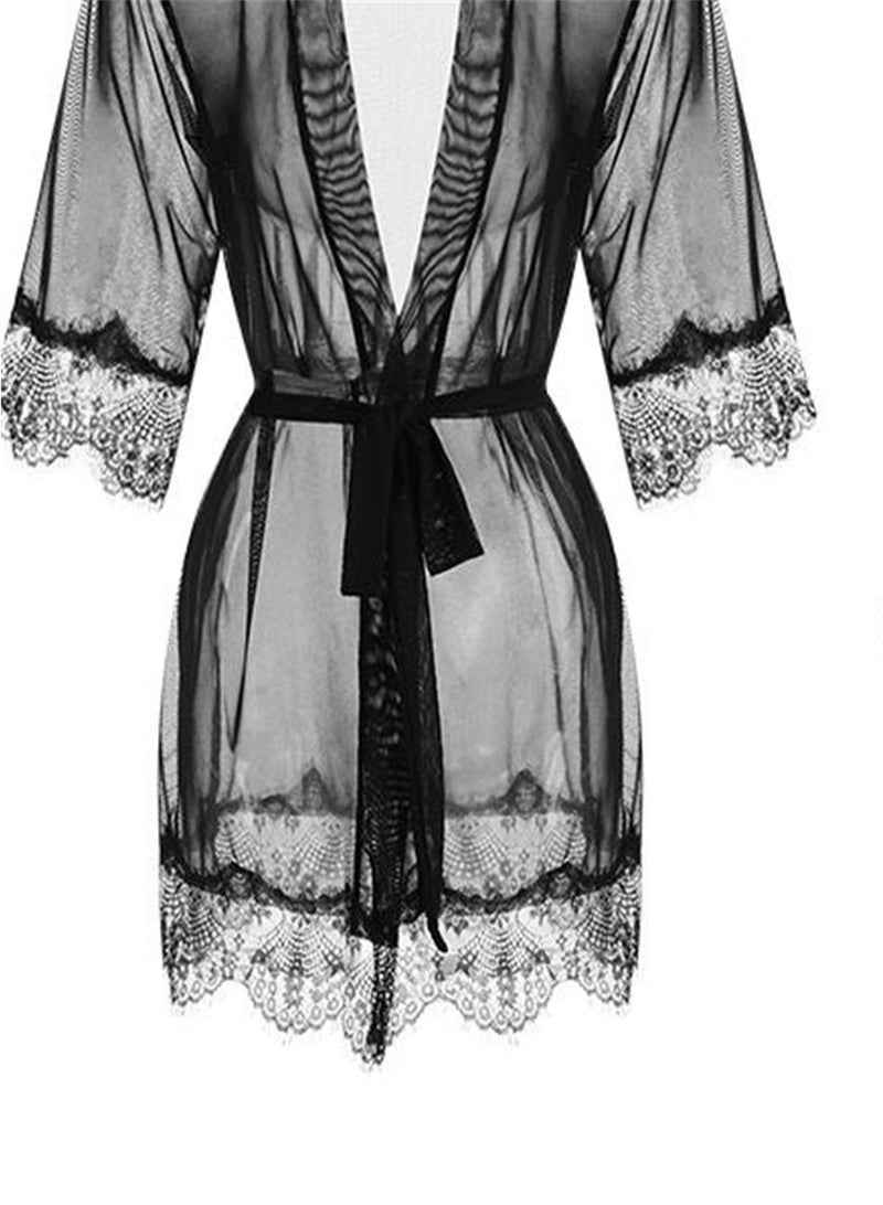 3pcs lace bow suspender pajamas lace-up robe pajamas set - Image 4