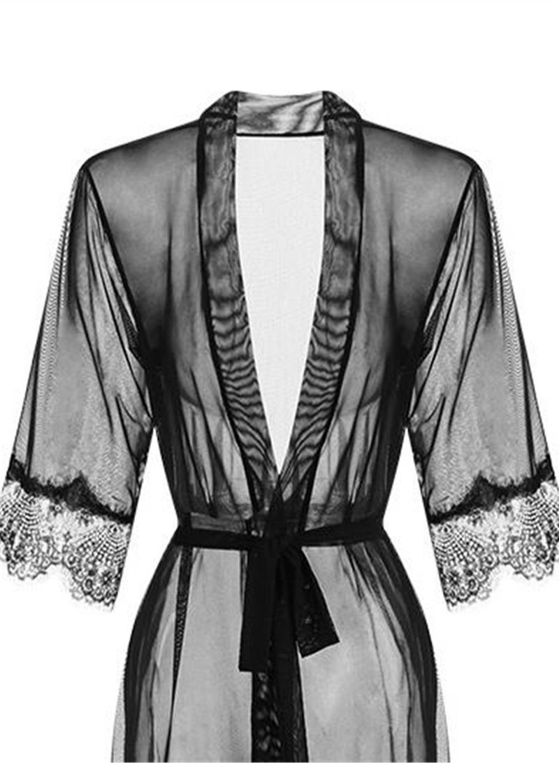 3pcs lace bow suspender pajamas lace-up robe pajamas set - Image 2