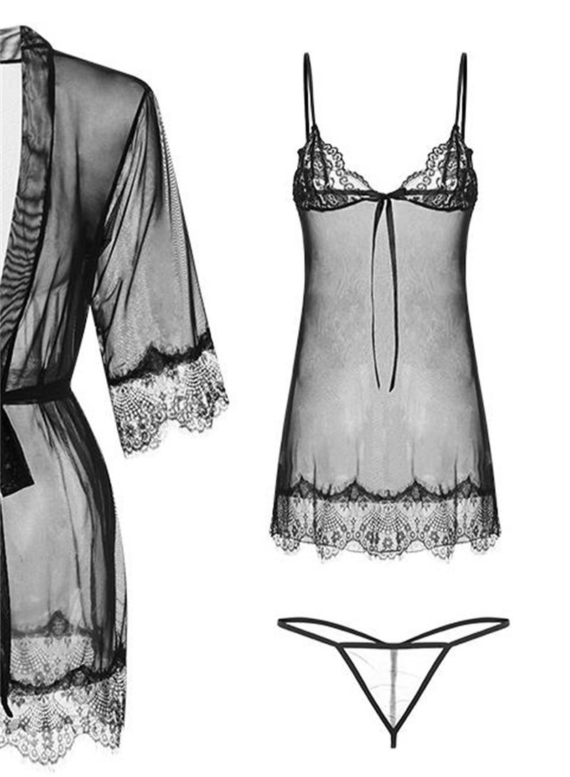 3pcs lace bow suspender pajamas lace-up robe pajamas set - Image 3