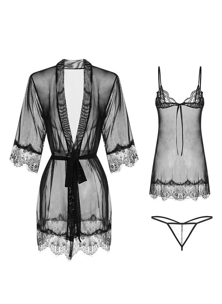 3pcs lace bow suspender pajamas lace-up robe pajamas set - Image 1