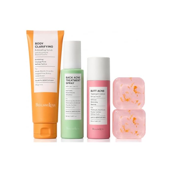 BellamiLuxx 4-Step Body Acne Clarifying Routine, with Soap Bar, Body Scrub, Back Acne Spray & Butt Acne Lotion for Breakouts, Bumps and Rough Texture, Men & Women