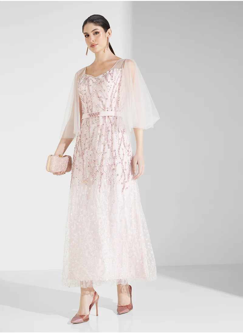 Fashion Trends by Suzy Matar Embroidered Tulle A-Shaped Dress