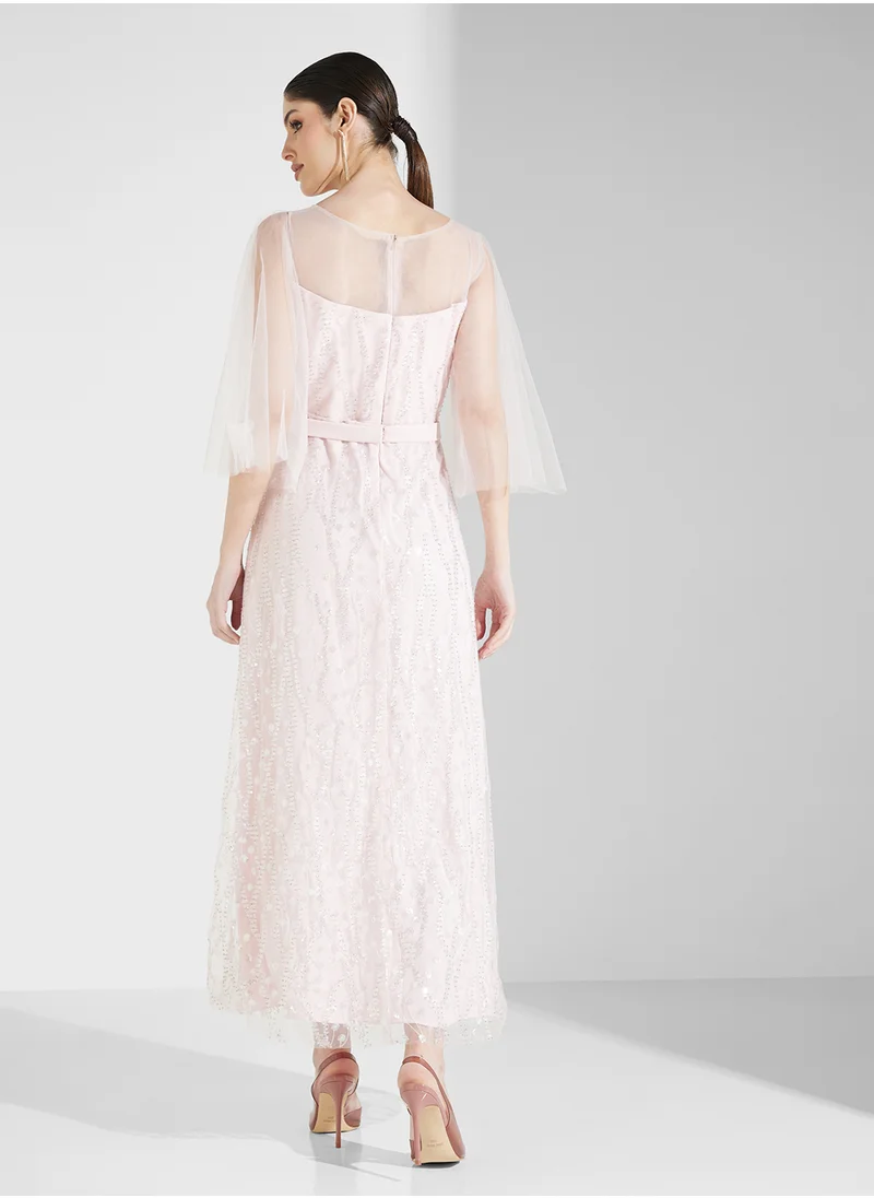 Fashion Trends by Suzy Matar Embroidered Tulle A-Shaped Dress