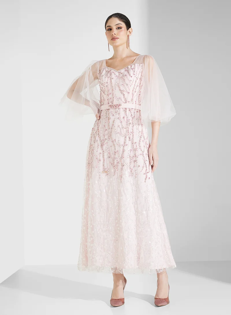 Fashion Trends by Suzy Matar Embroidered Tulle A-Shaped Dress