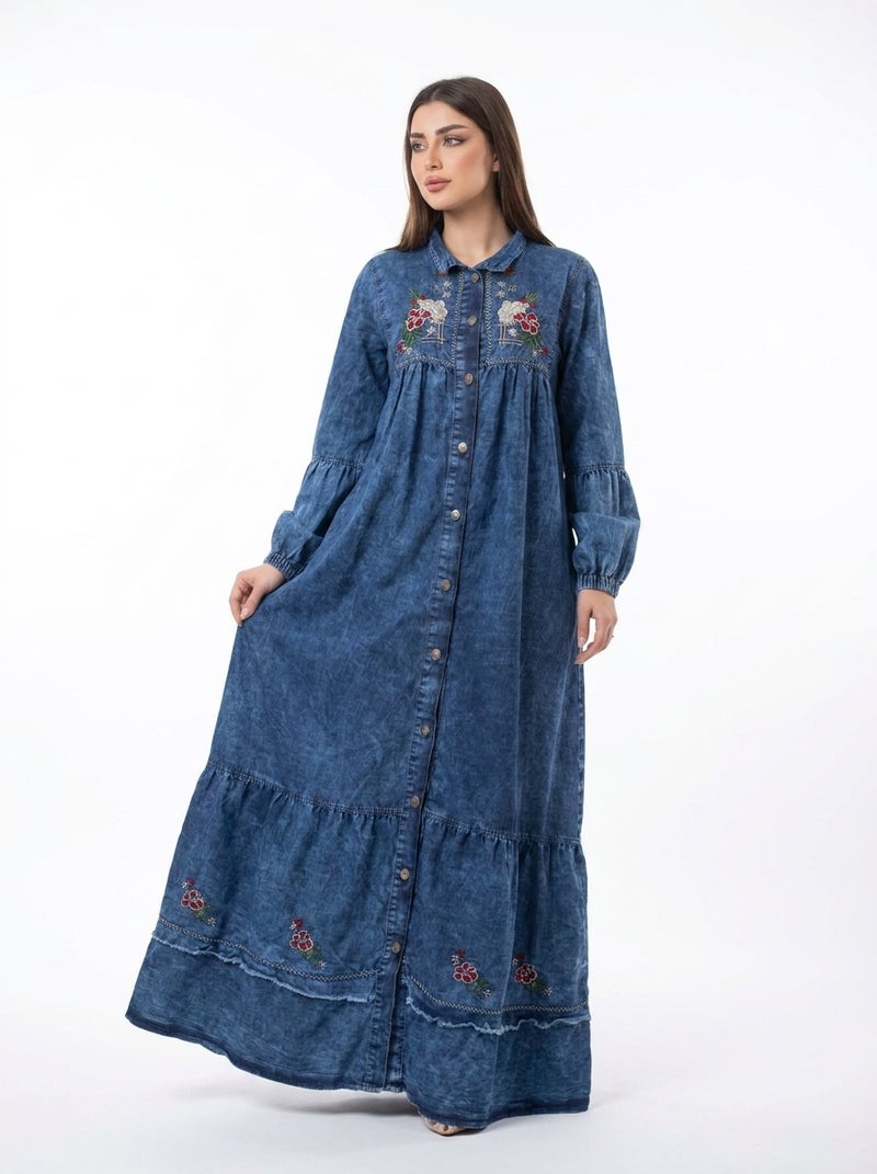 Light Jeans - Long Denim Dress with Embroidered Design and Full Sleeves, Dark Blue Color, Suitable for Daily & Formal Occasions, Combines Elegance & Comfort - Size XL (90 KG) - Image 3