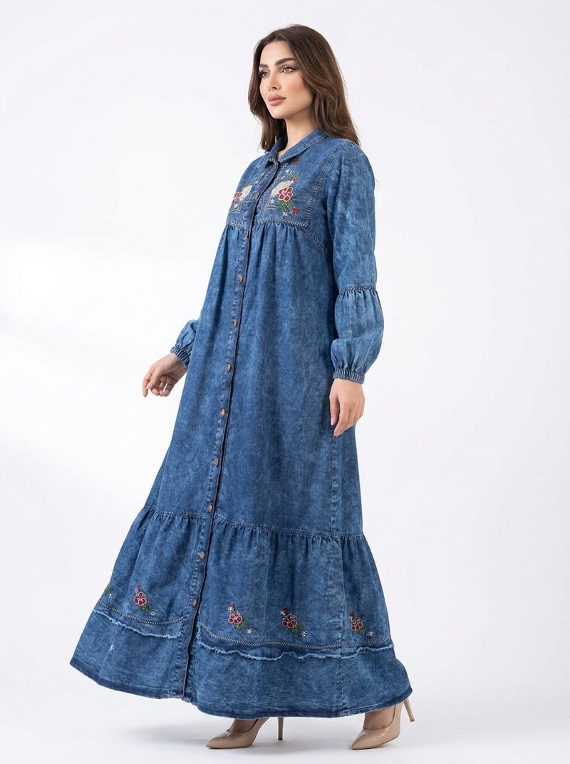 Light Jeans - Long Denim Dress with Embroidered Design and Full Sleeves, Dark Blue Color, Suitable for Daily & Formal Occasions, Combines Elegance & Comfort - Size XL (90 KG) - Image 2
