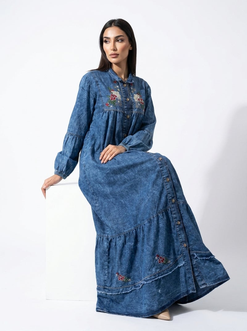 Light Jeans - Long Denim Dress with Embroidered Design and Full Sleeves, Dark Blue Color, Suitable for Daily & Formal Occasions, Combines Elegance & Comfort - Size XL (90 KG) - Image 4