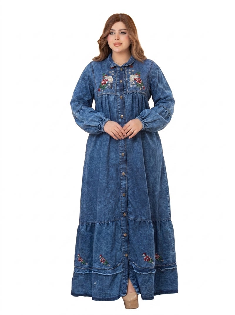 Light Jeans - Long Denim Dress with Embroidered Design and Full Sleeves, Dark Blue Color, Suitable for Daily & Formal Occasions, Combines Elegance & Comfort - Size XL (90 KG) - Image 1