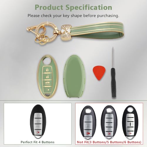 PIFOOG Key Fob Cover Fit for Nissan 4 Button Altima Rogue Sentra Murano Kicks Armada Pathfinder Versa Titan Leaf Green Car Keys Case Shell Protector Covers Accessories Bling Keychain Girly TPU - Image 2