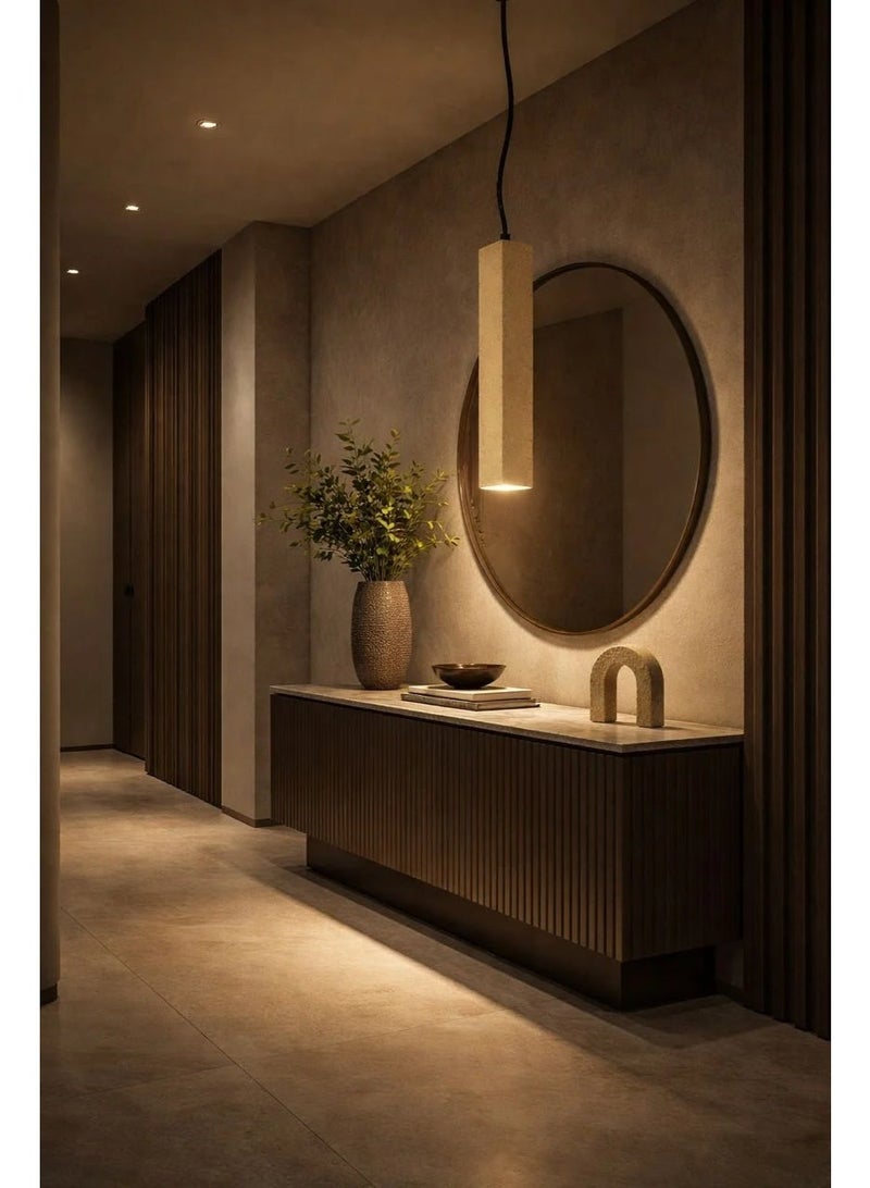 Natural stone cylindrical pendant light, thirty-five centimeters tall, featuring a replaceable G9 bulb for soft, elegant, modern ambient illumination - Image 1