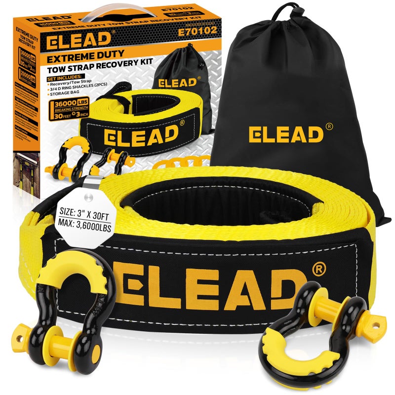 ELEAD Recovery Tow Strap Heavy Duty with Hooks 3" x 30Ft - 36000 LBS Break Strength, 3/4 D Ring Shackles (2pcs), Emergency Recovery Strap Tow Rope for Truck, SUV, ATV Offroad Vehicle - Image 1