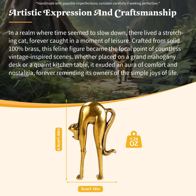 CHOVY Retro Handcrafted Stretching Cat Sculpture - 100% Solid Brass Elegant Desk & Tabletop Decor, Collectible Art Ornament for Home & Office | Unique Gift for Cat Lovers - Image 3