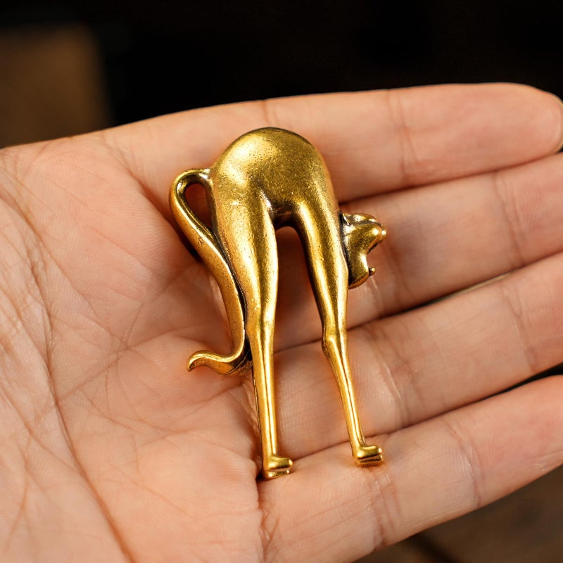 CHOVY Retro Handcrafted Stretching Cat Sculpture - 100% Solid Brass Elegant Desk & Tabletop Decor, Collectible Art Ornament for Home & Office | Unique Gift for Cat Lovers - Image 4