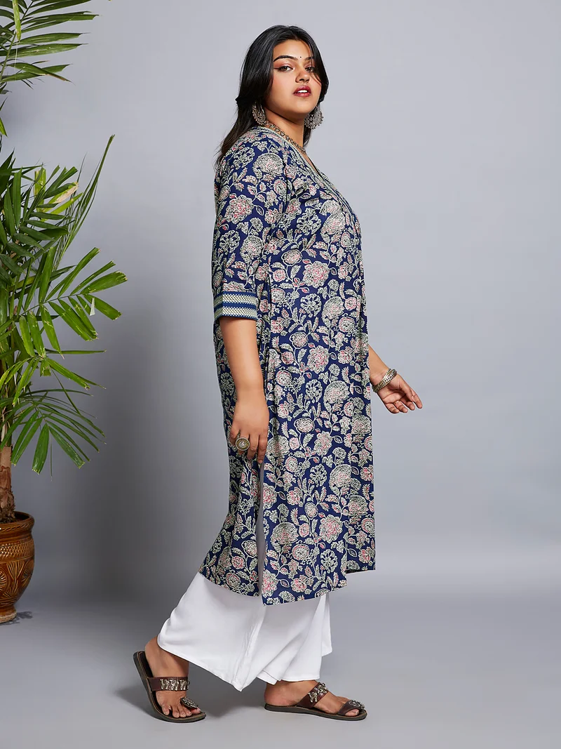 globus Gloplus Women V-Neck Allover Floral Print Pleated Straight Plus Size Workwear Kurta