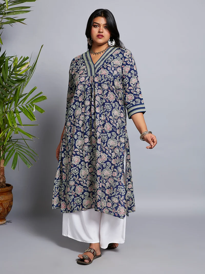 globus Gloplus Women V-Neck Allover Floral Print Pleated Straight Plus Size Workwear Kurta