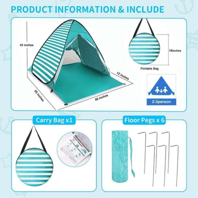 Beach Tent 2-3 Person 2-Second Automatic Pop-Up Design - UPF 50+ Waterproof Polyester Sun Shelter with Mesh Windows Lightweight Portable for Outdoor Camping Picnic Family Activities - Image 5