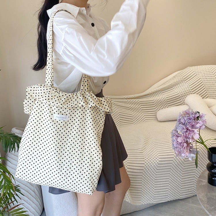 Original Design Niche Ruffled Polka Dot Single Shoulder Versatile Canvas Tote Bag For Women Portable Commuting Bag - Image 2