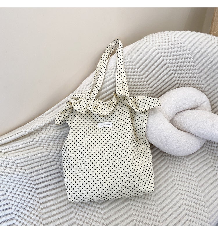 Original Design Niche Ruffled Polka Dot Single Shoulder Versatile Canvas Tote Bag For Women Portable Commuting Bag - Image 1