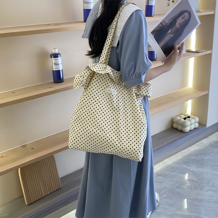 Original Design Niche Ruffled Polka Dot Single Shoulder Versatile Canvas Tote Bag For Women Portable Commuting Bag - Image 3