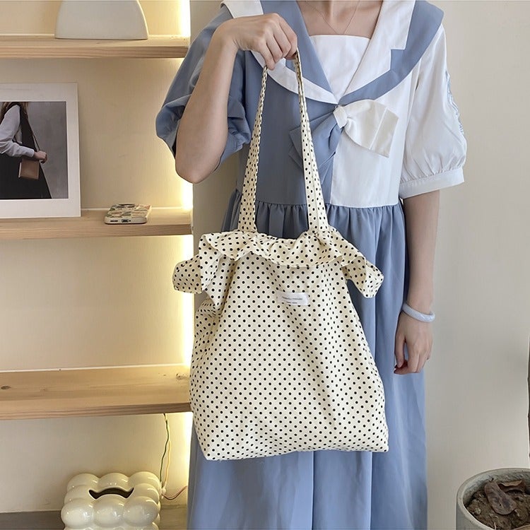 Original Design Niche Ruffled Polka Dot Single Shoulder Versatile Canvas Tote Bag For Women Portable Commuting Bag - Image 5