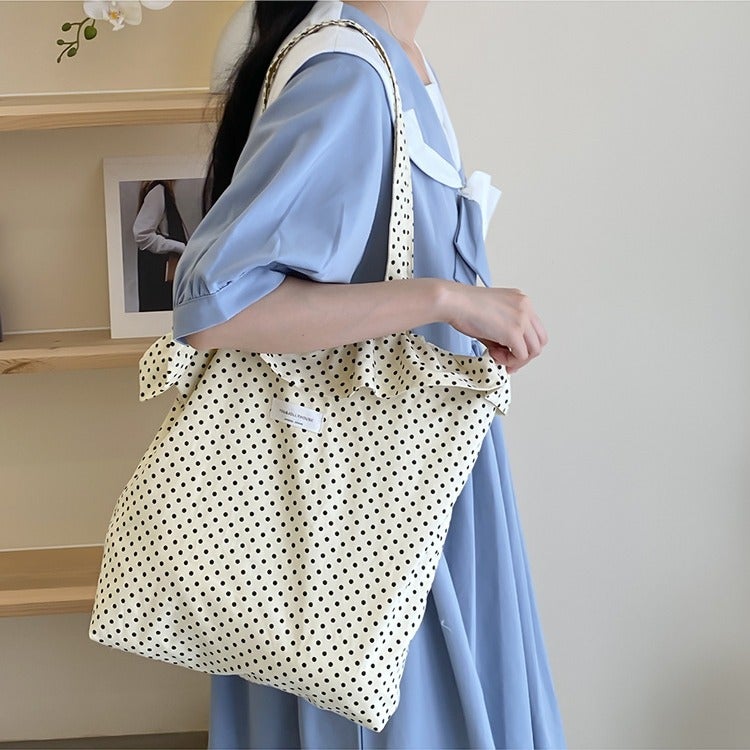 Original Design Niche Ruffled Polka Dot Single Shoulder Versatile Canvas Tote Bag For Women Portable Commuting Bag - Image 4
