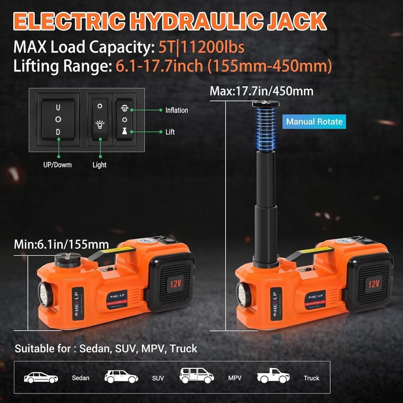 E-HEELP Electric Car Jack Kit 5Ton 12V Hydraulic Car Jack Lift (Lifting Range: 6.1~17.7 inch) with Electric Impact Wrench for SUV MPV Sedan Truck Change Tires Garage Repair - Image 5
