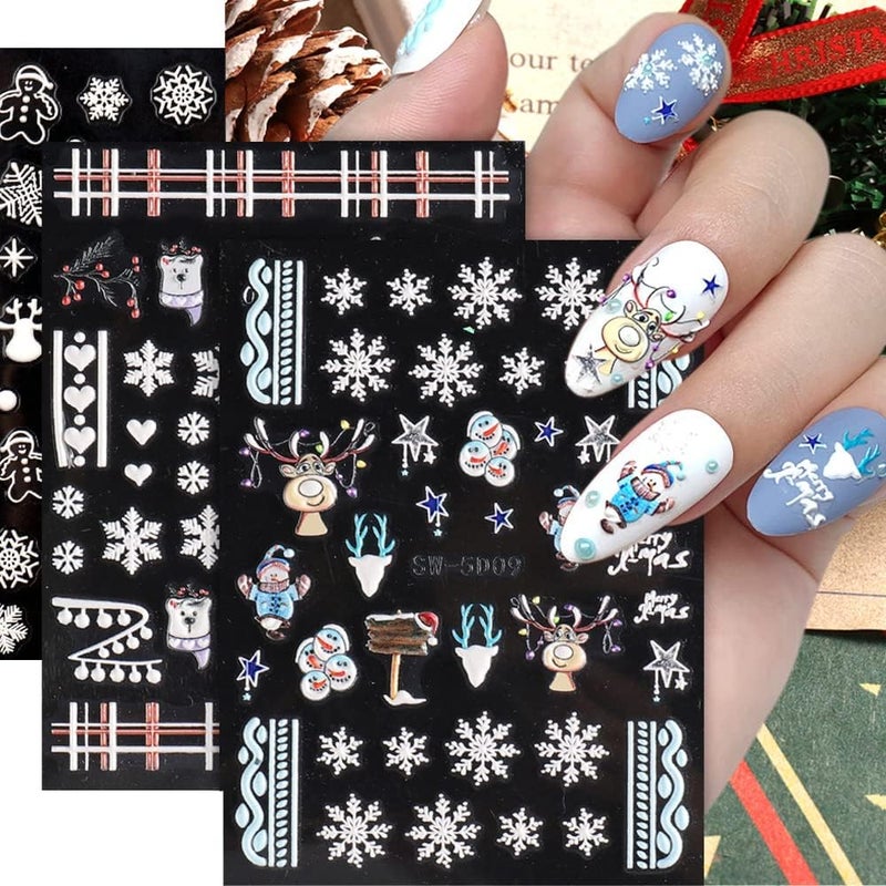 Adonisaon Christmas Nail Stickers Decals for Women Girls 5D Self Adhesive Xmas Tree Snowflake Deer Bells Design Nail Art Stickers for Winter and Christmas Holiday Nail Tips Decorations