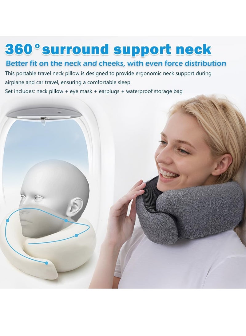 وسادة سفر للرقبة، وسادة سفر من رغوة الذاكرة مع أقنعة عين وسدادات أذن للطائرات والسيارات والسفر للراحة أثناء النوم (وردي) - Image 4