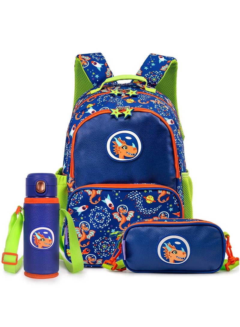Milk & Moo Kids School Bundle - Backpack Thermal Water Bottle and Pencil Pouch, Ergonomic School Bag, 420ml Steel Water Bottle, Pencil Case with adjustable strap  - Image 1