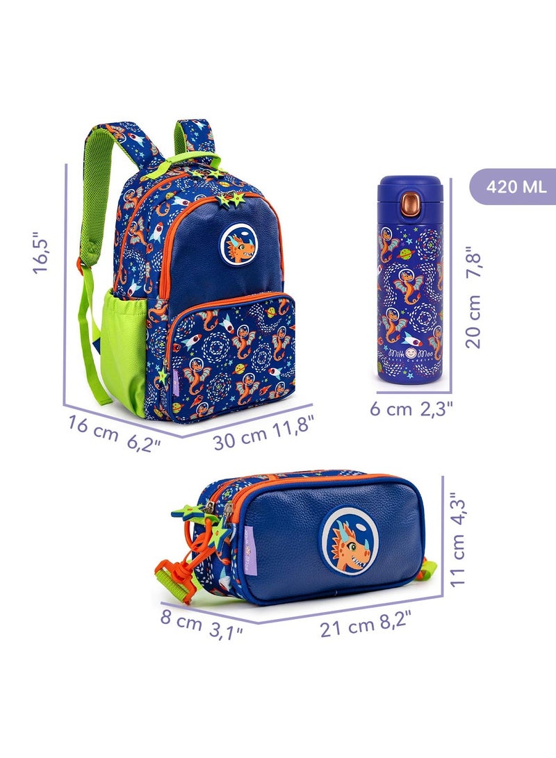 Milk & Moo Kids School Bundle - Backpack Thermal Water Bottle and Pencil Pouch, Ergonomic School Bag, 420ml Steel Water Bottle, Pencil Case with adjustable strap  - Image 2