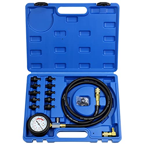 JoyFans Oil Pressure Tester Tool 0140PSI Oil Pressure Gauge Kit for Fuel System Mechanical Sensor Engine Cylinder Compression Test with Hose Adapters for Cars ATVs Trucks Use Blue Case