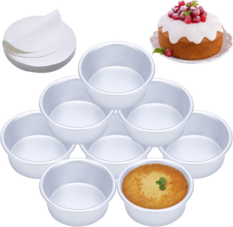 73Hours 4 Inch Cake Pan Set of 8, Anodized Aluminum Round Cake Pans with 100 Pcs Parchment Paper Tins Baking Pan for Cheese Cake, Pizza, Quiche, Non Toxic, Leakproof, Easy Pop Out - Image 1