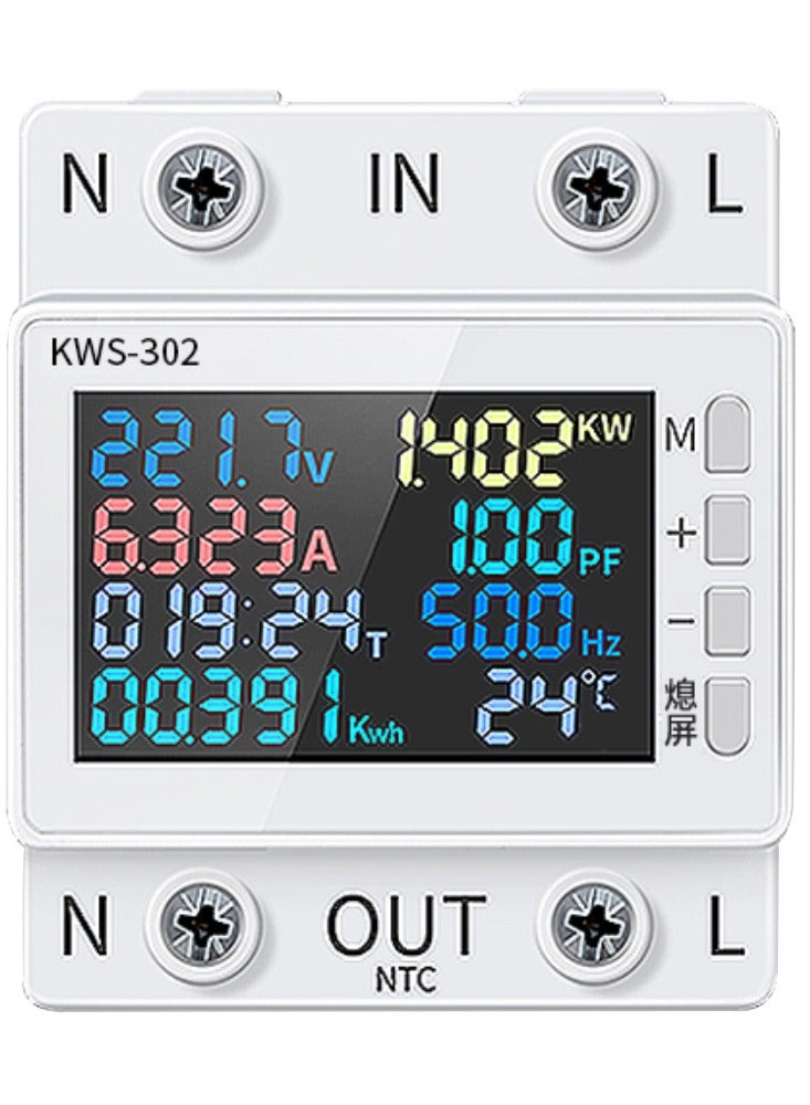 8 in 1 Power Meter Color Screen 2P Multi-function AC Energy Meter 170-270V/63A Voltage and Current Meter Standard Rail Mounting - No WIFI/No Power Off function (Model: KWS-302) - Image 1