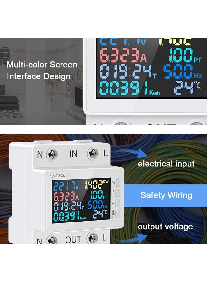 8 in 1 Power Meter Color Screen 2P Multi-function AC Energy Meter 170-270V/63A Voltage and Current Meter Standard Rail Mounting - No WIFI/No Power Off function (Model: KWS-302) - Image 2
