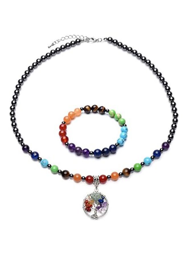 Jovivi Black Magnetic Hematite 7 Chakra Healing Balancing Therapy Energy Crystal Stretch Beads Bracelet &amp; Tree of Life Necklace Pendant - Image 1
